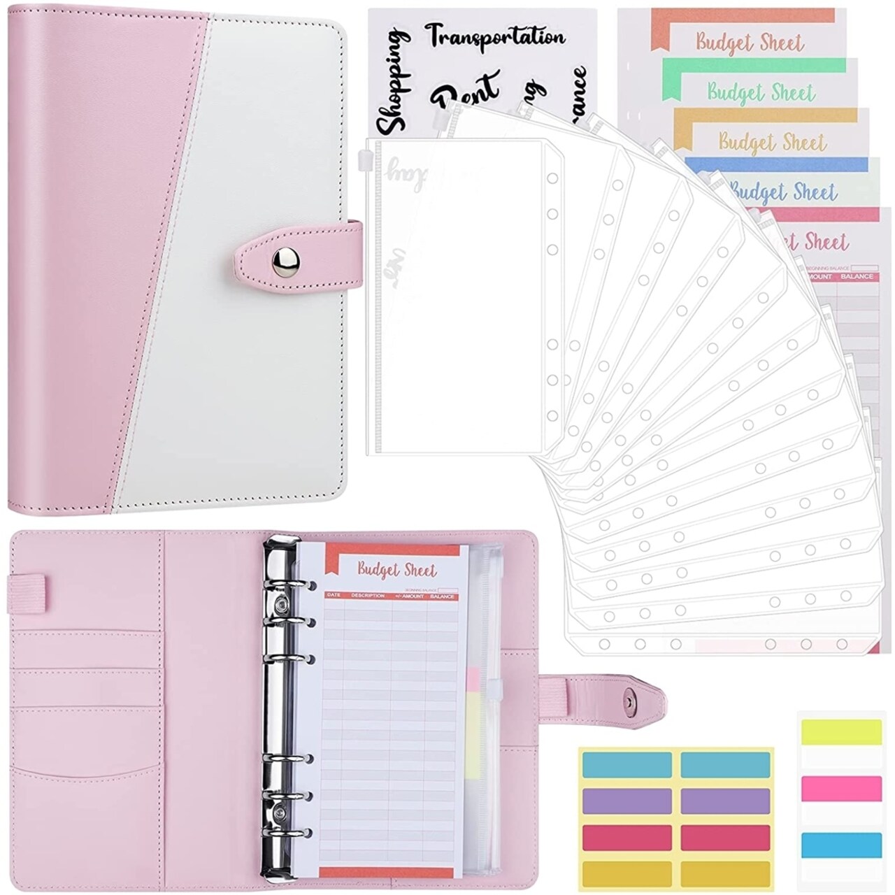 SKUSHOPS Pink Money Organizer for Cash with 12pcs Clear Pockets and 24pcs Budget Sheets Budget Planner A6 Binder with PU Leather